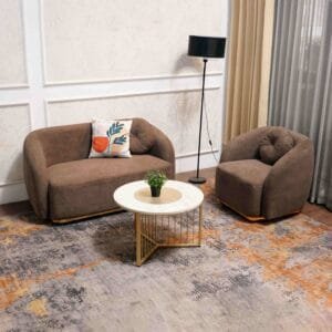Sofa Ohaio Minimalis warna coklat dengan aksen list kaki gold di ruang tamu