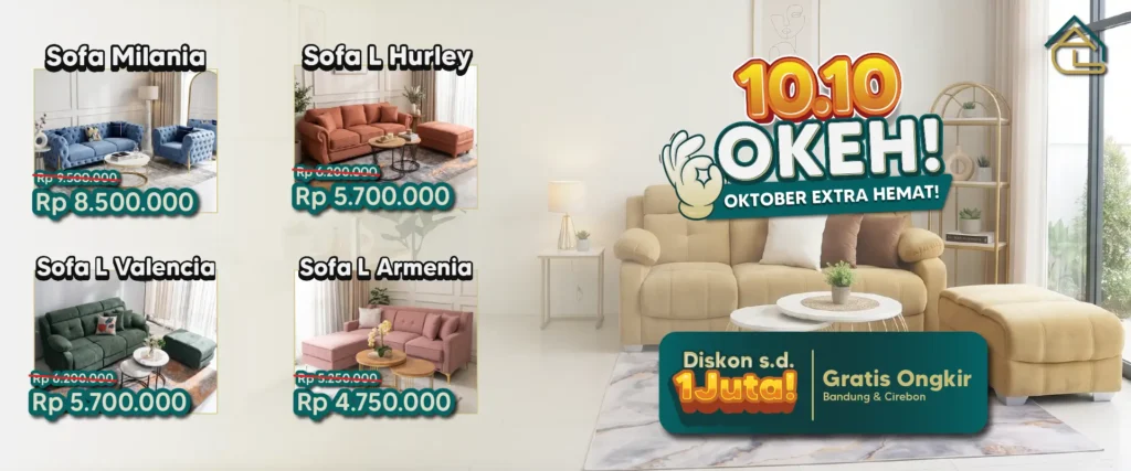 Promo 10.10 OKEH Ars Living diskon sofa minimalis dan sofa L gratis ongkir Bandung Cirebon