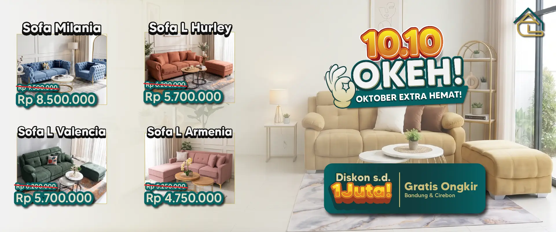 Promo 10.10 OKEH Ars Living diskon sofa minimalis dan sofa L gratis ongkir Bandung Cirebon